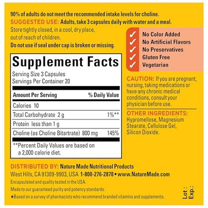 Nature Made Extra Stärke Cholin Nahrungsergänzungsmittel 800 mg pro 3 Kapseln, Gehirngesundheit, Stimmung, Muskel- & Leberunterstützung, Vegetarisch, 60 Kapseln, 20-Tage-Vorrat