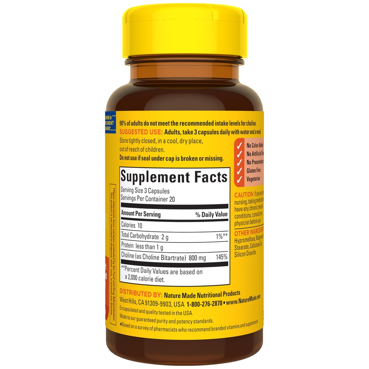 Nature Made Extra Stärke Cholin Nahrungsergänzungsmittel 800 mg pro 3 Kapseln, Gehirngesundheit, Stimmung, Muskel- & Leberunterstützung, Vegetarisch, 60 Kapseln, 20-Tage-Vorrat