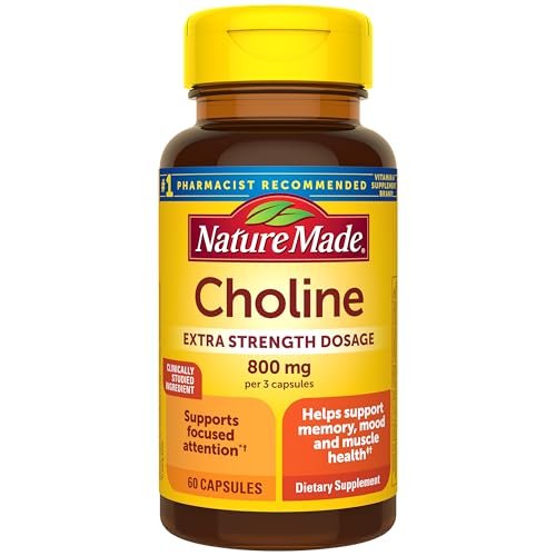 Nature Made Extra Stärke Cholin Nahrungsergänzungsmittel 800 mg pro 3 Kapseln, Gehirngesundheit, Stimmung, Muskel- & Leberunterstützung, Vegetarisch, 60 Kapseln, 20-Tage-Vorrat