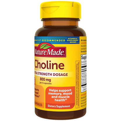 Nature Made Extra Stärke Cholin Nahrungsergänzungsmittel 800 mg pro 3 Kapseln, Gehirngesundheit, Stimmung, Muskel- & Leberunterstützung, Vegetarisch, 60 Kapseln, 20-Tage-Vorrat
