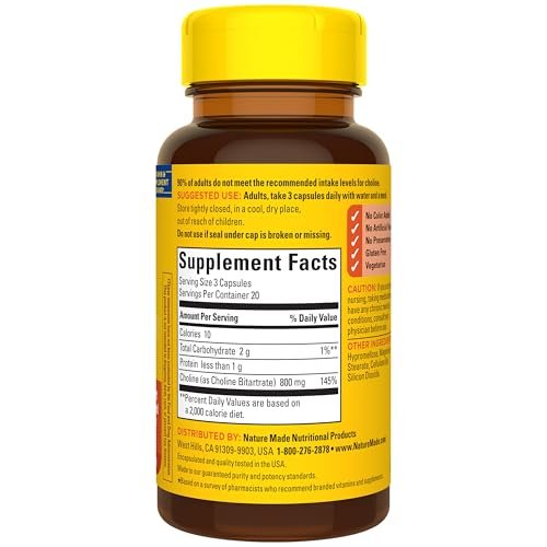 Nature Made Extra Stärke Cholin Nahrungsergänzungsmittel 800 mg pro 3 Kapseln, Gehirngesundheit, Stimmung, Muskel- & Leberunterstützung, Vegetarisch, 60 Kapseln, 20-Tage-Vorrat
