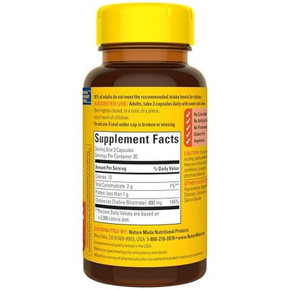 Nature Made Extra Stärke Cholin Nahrungsergänzungsmittel 800 mg pro 3 Kapseln, Gehirngesundheit, Stimmung, Muskel- & Leberunterstützung, Vegetarisch, 60 Kapseln, 20-Tage-Vorrat