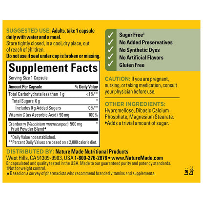 Nature Made Cranberry Kapseln 500mg mit Vitamin C – Unterstützung für Immunsystem und Harnwege, 60 Kapseln