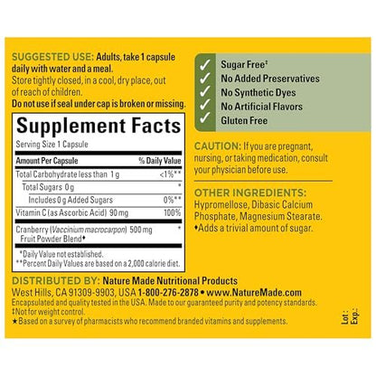 Nature Made Cranberry Kapseln 500mg mit Vitamin C – Unterstützung für Immunsystem und Harnwege, 60 Kapseln