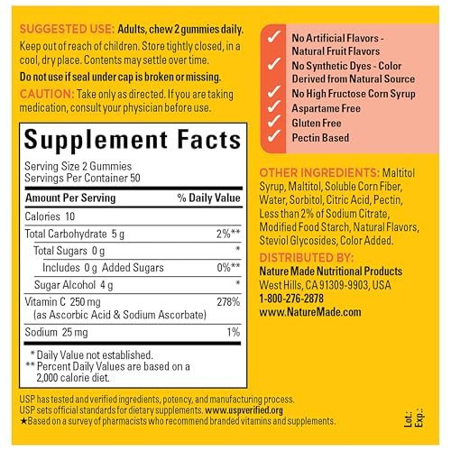 Nature Made Zero Sugar Vitamin C Gummies 250 mg pro Portion – Immun- & Antioxidant-Unterstützung, Aspartamfrei, 100 zuckerfreie Vitamin C Gummis, 50-Tage-Vorrat