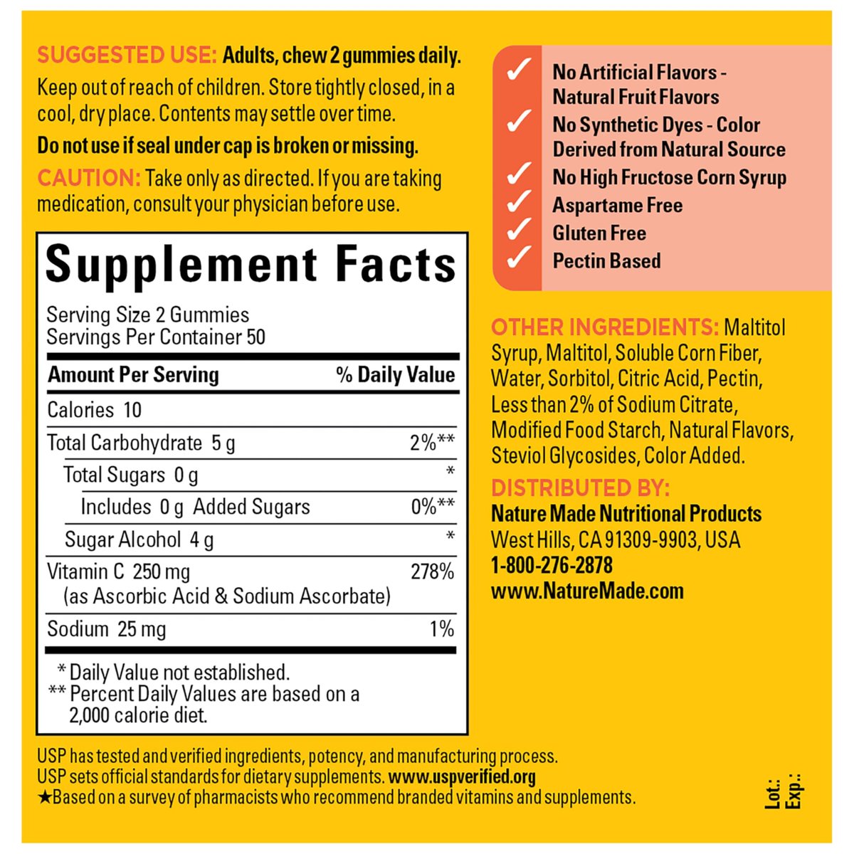 Nature Made Zero Sugar Vitamin C Gummies 250 mg pro Portion – Immun- & Antioxidant-Unterstützung, Aspartamfrei, 100 zuckerfreie Vitamin C Gummis, 50-Tage-Vorrat