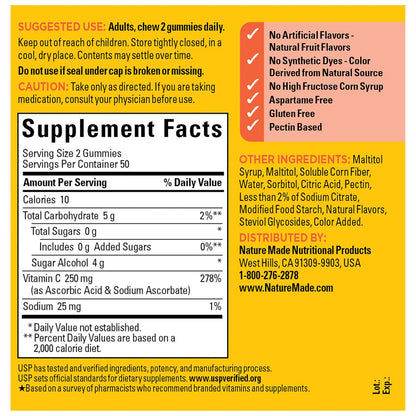 Nature Made Zero Sugar Vitamin C Gummies 250 mg pro Portion – Immun- & Antioxidant-Unterstützung, Aspartamfrei, 100 zuckerfreie Vitamin C Gummis, 50-Tage-Vorrat