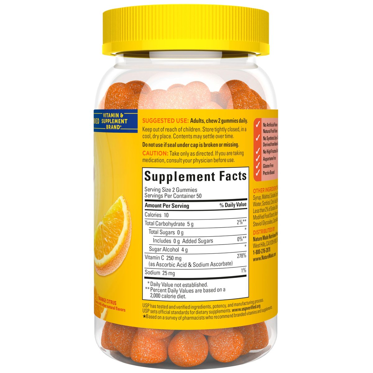 Nature Made Zero Sugar Vitamin C Gummies 250 mg pro Portion – Immun- & Antioxidant-Unterstützung, Aspartamfrei, 100 zuckerfreie Vitamin C Gummis, 50-Tage-Vorrat