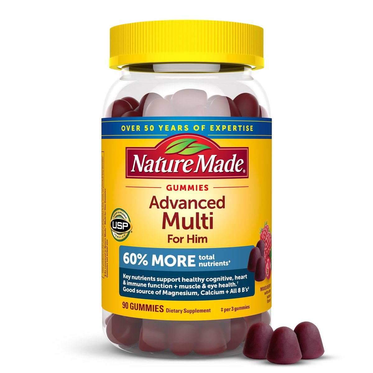 Nature Made Advanced Multivitamin Gummies für Ihn mit Magnesiumcitrat, Calcium & allen 8 B-Vitaminen – 90 Gummis, 30-Tage-Vorrat