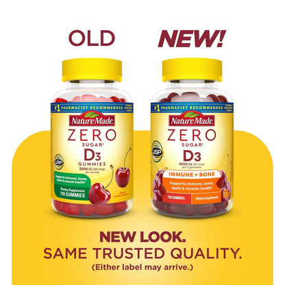 Nature Made Zero Sugar Vitamin D3 Gummies 2000 IE (50 µg) pro Portion – Knochen- und Immununterstützung, Aspartamfrei, 110 Vitamin-D-Gummibärchen, 55 Tage Versorgung