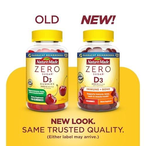 Nature Made Zero Sugar Vitamin D3 Gummies 2000 IE (50 µg) pro Portion – Knochen- und Immununterstützung, Aspartamfrei, 110 Vitamin-D-Gummibärchen, 55 Tage Versorgung