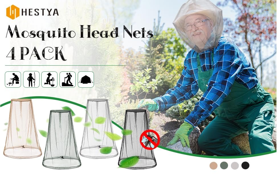 HESTYA 4er-Pack Moskitonetz für Kopf, Insektenschutzhaube, Mückenschutznetz für Outdoor (Beige)