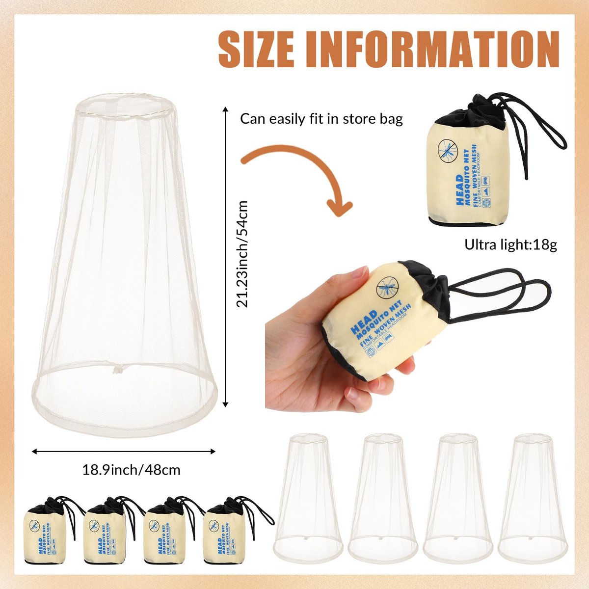 HESTYA 4er-Pack Moskitonetz für Kopf, Insektenschutzhaube, Mückenschutznetz für Outdoor (Beige)
