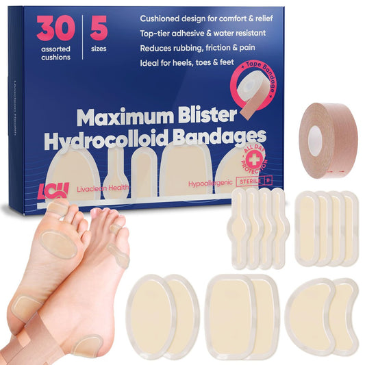 30 CT Hydrokolloid Blasenpflaster für Füße + 5 Yards Tapeverband - Blasenpflaster für Läufer, Fersen & aktive Bewegung - Wasserbeständiges Blasenpräventionsband für Finger, Zehen, Vorfuß