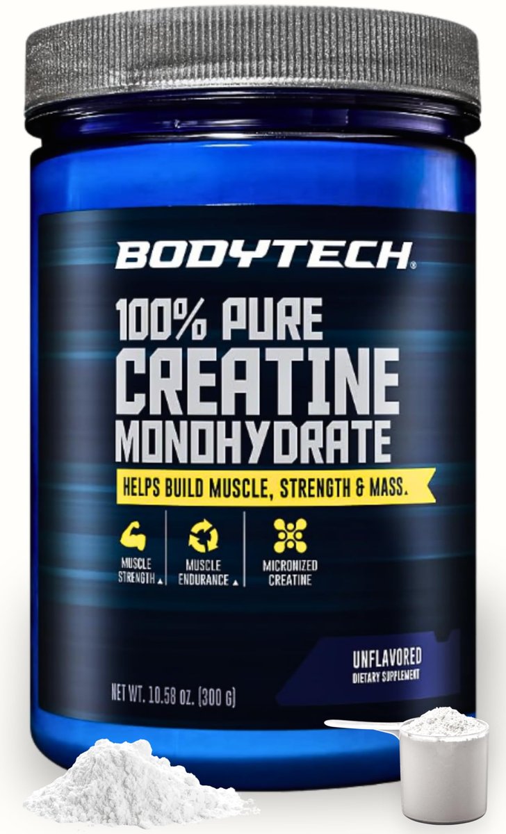 BodyTech Creatin-Monohydrat-Pulver, ungewürzt, mikronisiertes Creatin für Männer und Frauen, 5 g pro Portion, Pre-Workout & Post-Workout, glutenfrei, zuckerfrei, 300 g, 60 Portionen