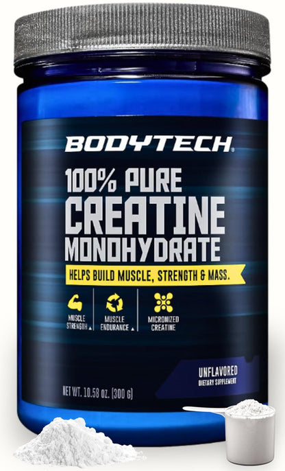 BodyTech Creatin-Monohydrat-Pulver, ungewürzt, mikronisiertes Creatin für Männer und Frauen, 5 g pro Portion, Pre-Workout & Post-Workout, glutenfrei, zuckerfrei, 300 g, 60 Portionen