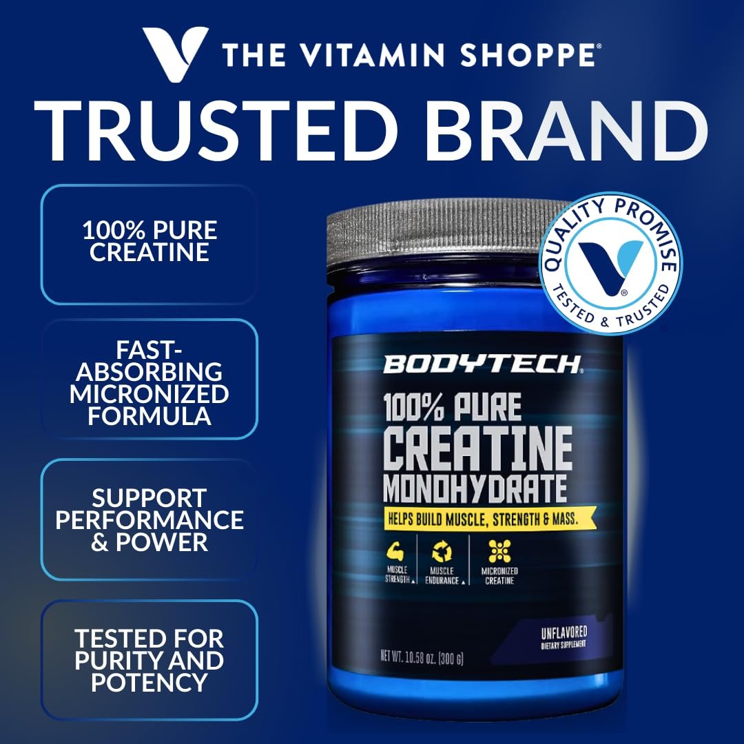 BodyTech Creatin-Monohydrat-Pulver, ungewürzt, mikronisiertes Creatin für Männer und Frauen, 5 g pro Portion, Pre-Workout & Post-Workout, glutenfrei, zuckerfrei, 300 g, 60 Portionen