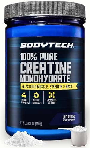 BodyTech Creatin-Monohydrat-Pulver, ungewürzt, mikronisiertes Creatin für Männer und Frauen, 5 g pro Portion, Pre-Workout & Post-Workout, glutenfrei, zuckerfrei, 300 g, 60 Portionen