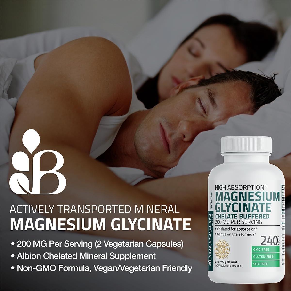 Bronson Magnesium Glycinat 200 mg pro Portion – Chelatiert für hohe Absorption, sanft zum Magen, Non-GMO, 60 vegane Kapseln