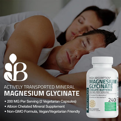 Bronson Magnesium Glycinat 200 mg pro Portion – Chelatiert für hohe Absorption, sanft zum Magen, Non-GMO, 60 vegane Kapseln