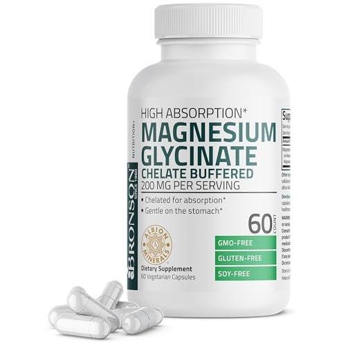 Bronson Magnesium Glycinat 200 mg pro Portion – Chelatiert für hohe Absorption, sanft zum Magen, Non-GMO, 60 vegane Kapseln