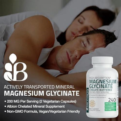 Bronson Magnesium Glycinat 200 mg pro Portion – Chelatiert für hohe Absorption, sanft zum Magen, Non-GMO, 60 vegane Kapseln
