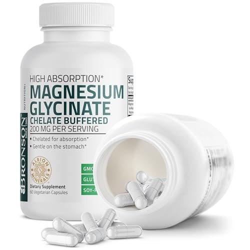 Bronson Magnesium Glycinat 200 mg pro Portion – Chelatiert für hohe Absorption, sanft zum Magen, Non-GMO, 60 vegane Kapseln