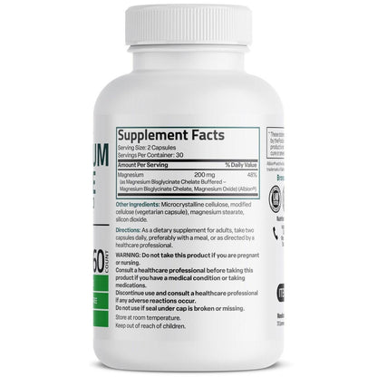 Bronson Magnesium Glycinat 200 mg pro Portion – Chelatiert für hohe Absorption, sanft zum Magen, Non-GMO, 60 vegane Kapseln