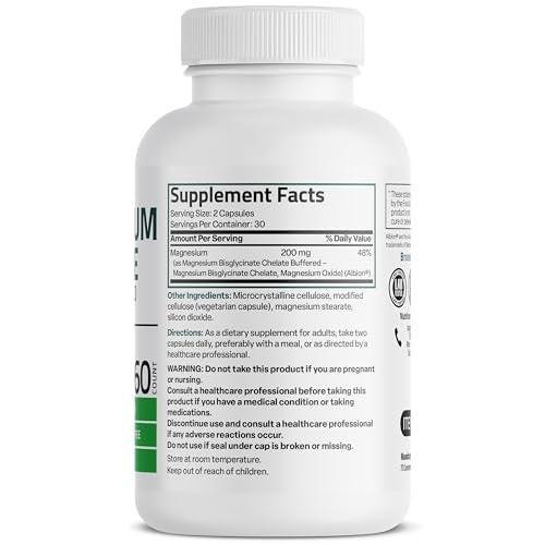 Bronson Magnesium Glycinat 200 mg pro Portion – Chelatiert für hohe Absorption, sanft zum Magen, Non-GMO, 60 vegane Kapseln