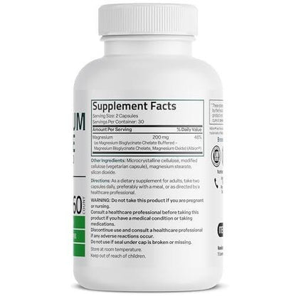 Bronson Magnesium Glycinat 200 mg pro Portion – Chelatiert für hohe Absorption, sanft zum Magen, Non-GMO, 60 vegane Kapseln