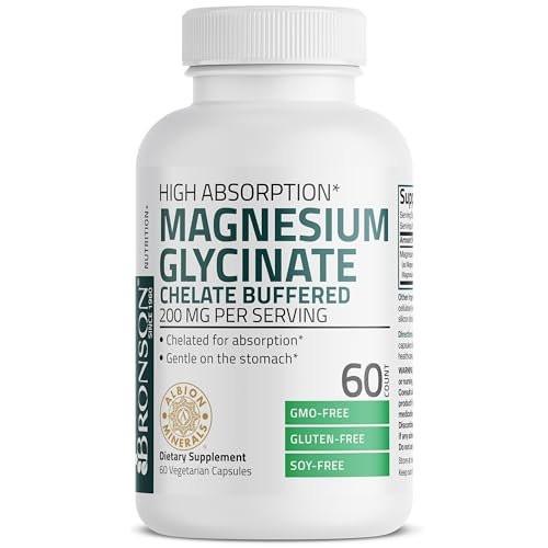 Bronson Magnesium Glycinat 200 mg pro Portion – Chelatiert für hohe Absorption, sanft zum Magen, Non-GMO, 60 vegane Kapseln