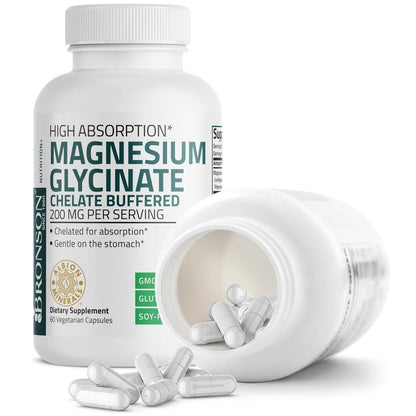 Bronson Magnesium Glycinat 200 mg pro Portion – Chelatiert für hohe Absorption, sanft zum Magen, Non-GMO, 60 vegane Kapseln