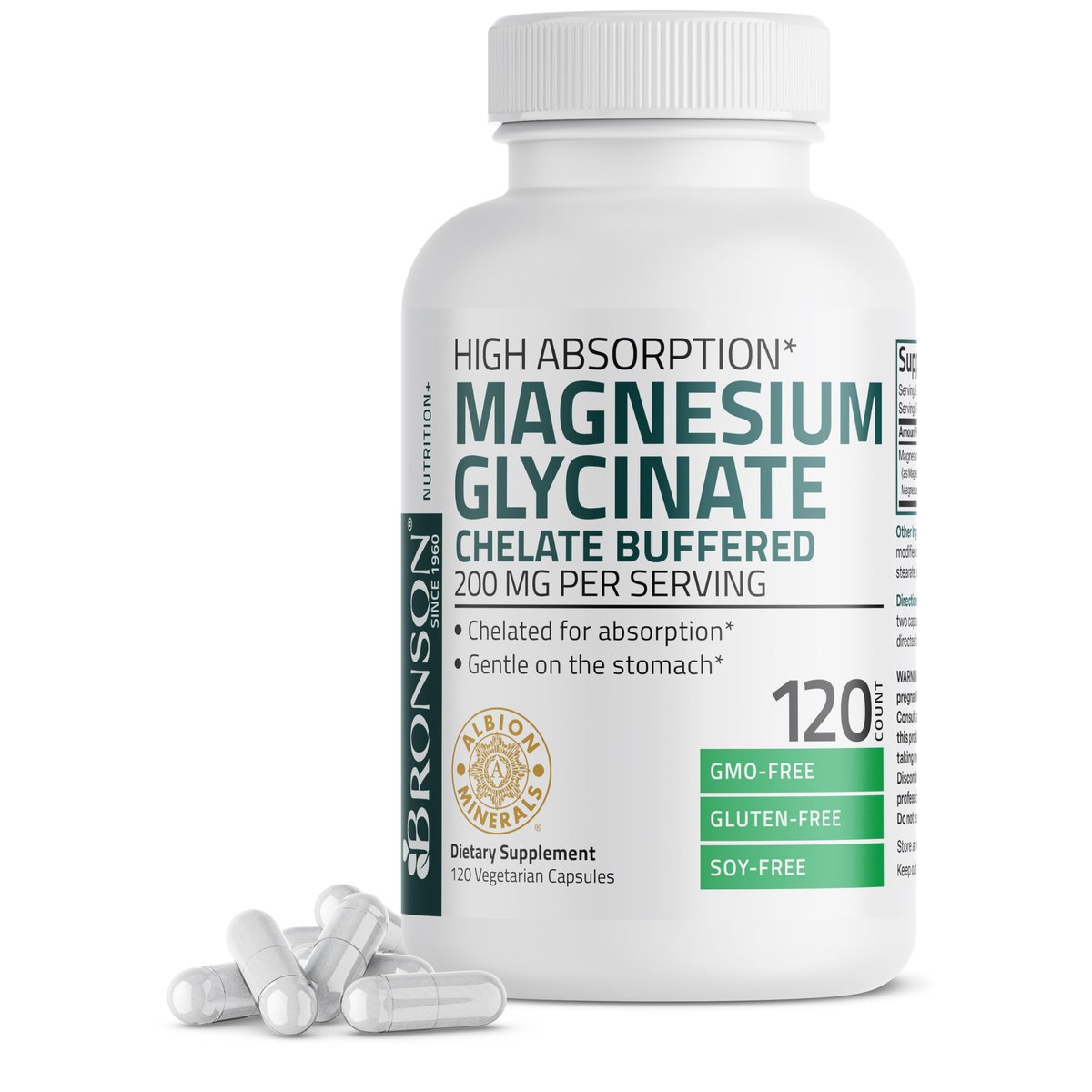 Bronson Magnesium Glycinat 200 mg pro Portion – Chelatiert für hohe Absorption, Magenfreundlich, Nicht-GVO, 120 Kapseln