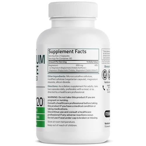 Bronson Magnesium Glycinat 200 mg pro Portion – Chelatiert für hohe Absorption, Magenfreundlich, Nicht-GVO, 120 Kapseln