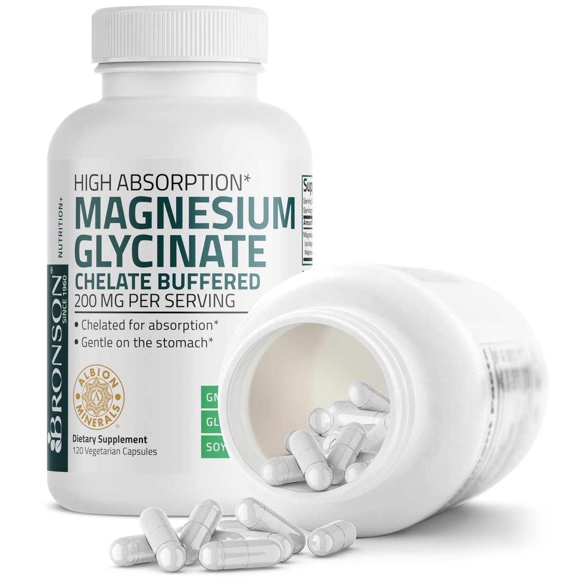 Bronson Magnesium Glycinat 200 mg pro Portion – Chelatiert für hohe Absorption, Magenfreundlich, Nicht-GVO, 120 Kapseln