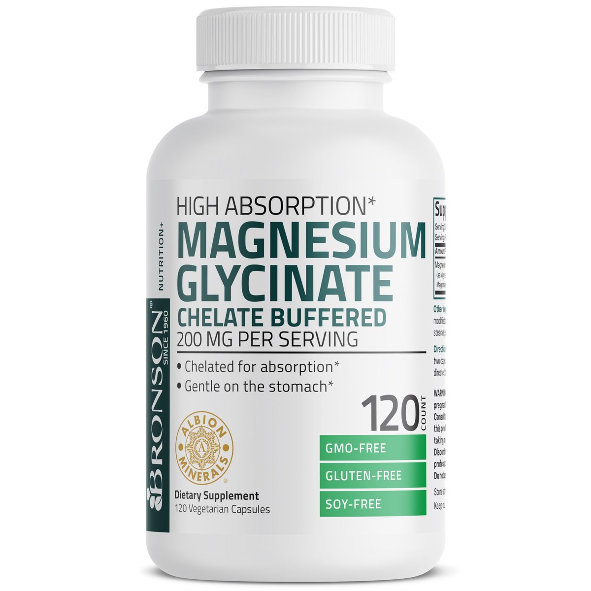 Bronson Magnesium Glycinat 200 mg pro Portion – Chelatiert für hohe Absorption, Magenfreundlich, Nicht-GVO, 120 Kapseln