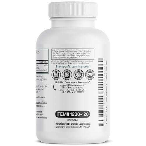 Bronson Magnesium Glycinat 200 mg pro Portion – Chelatiert für hohe Absorption, Magenfreundlich, Nicht-GVO, 120 Kapseln