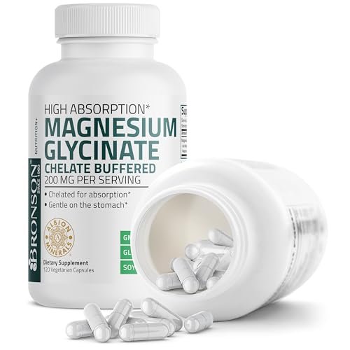 Bronson Magnesium Glycinat 200 mg pro Portion – Chelatiert für hohe Absorption, Magenfreundlich, Nicht-GVO, 120 Kapseln