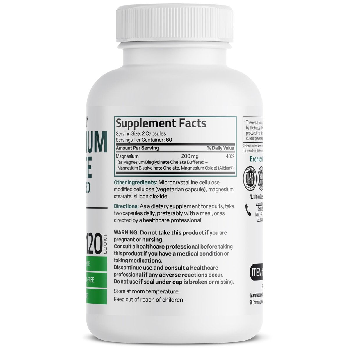 Bronson Magnesium Glycinat 200 mg pro Portion – Chelatiert für hohe Absorption, Magenfreundlich, Nicht-GVO, 120 Kapseln