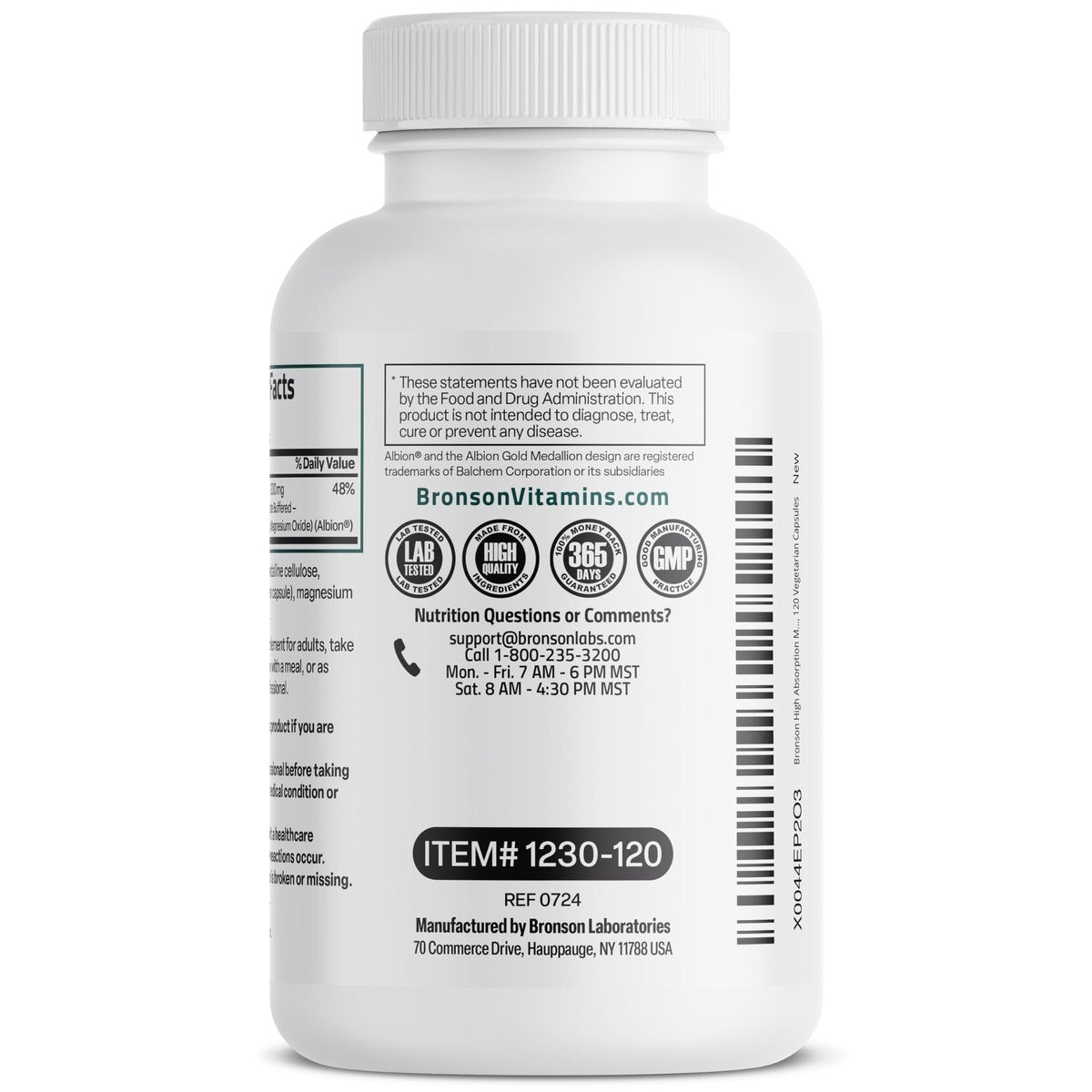 Bronson Magnesium Glycinat 200 mg pro Portion – Chelatiert für hohe Absorption, Magenfreundlich, Nicht-GVO, 120 Kapseln