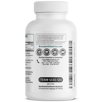 Bronson Magnesium Glycinat 200 mg pro Portion – Chelatiert für hohe Absorption, Magenfreundlich, Nicht-GVO, 120 Kapseln