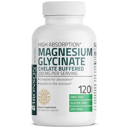 Bronson Magnesium Glycinat 200 mg pro Portion – Chelatiert für hohe Absorption, Magenfreundlich, Nicht-GVO, 120 Kapseln