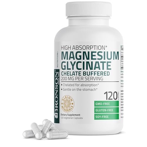Bronson Magnesium Glycinat 200 mg pro Portion – Chelatiert für hohe Absorption, Magenfreundlich, Nicht-GVO, 120 Kapseln