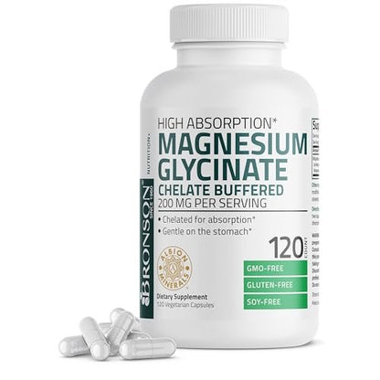 Bronson Magnesium Glycinat 200 mg pro Portion – Chelatiert für hohe Absorption, Magenfreundlich, Nicht-GVO, 120 Kapseln