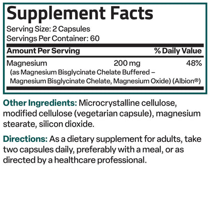 Bronson Magnesium Glycinat 200 mg pro Portion – Chelatiert für hohe Absorption, Magenfreundlich, Nicht-GVO, 120 Kapseln