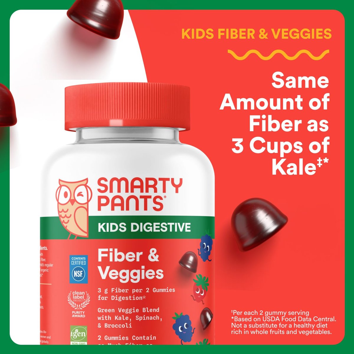 SmartyPants Kids Fiber & Veggies: Präbiotische Ballaststoff-Gummis für Kinder mit Inulin, Bio-Grüngemisch, vegan, glutenfrei, gemischter Beerengeschmack, 60 Stück (30-Tage-Vorrat)