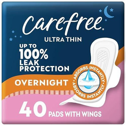 Carefree Ultra Thin Damenbinden für die Nacht mit Flügeln | 40 Stück | Femininpflege & Wochenschutz