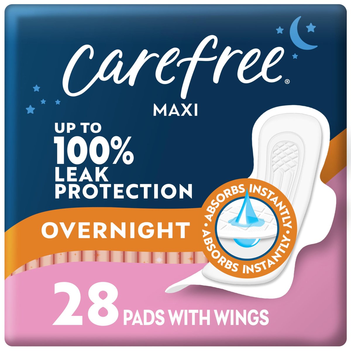 Carefree Maxi Binden für Frauen, Nachtbinden mit Flügeln, 28 Stück | Carefree Binden, Damenhygiene, Monatsbinden & Wochenbettbinden | 28 Stück (Packung mit 1)