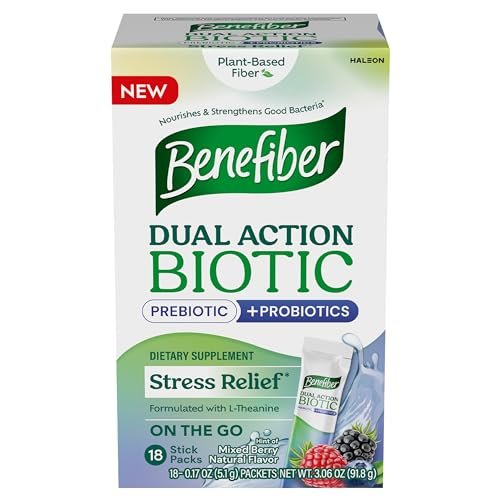 Benefiber Dual Action Biotic Plus Stress Relief – 18 Stickpacks, Ballaststoff-Präbiotikum mit Stressabbau