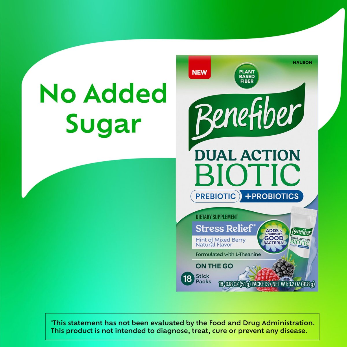 Benefiber Dual Action Biotic Plus Stress Relief – 18 Stickpacks, Ballaststoff-Präbiotikum mit Stressabbau